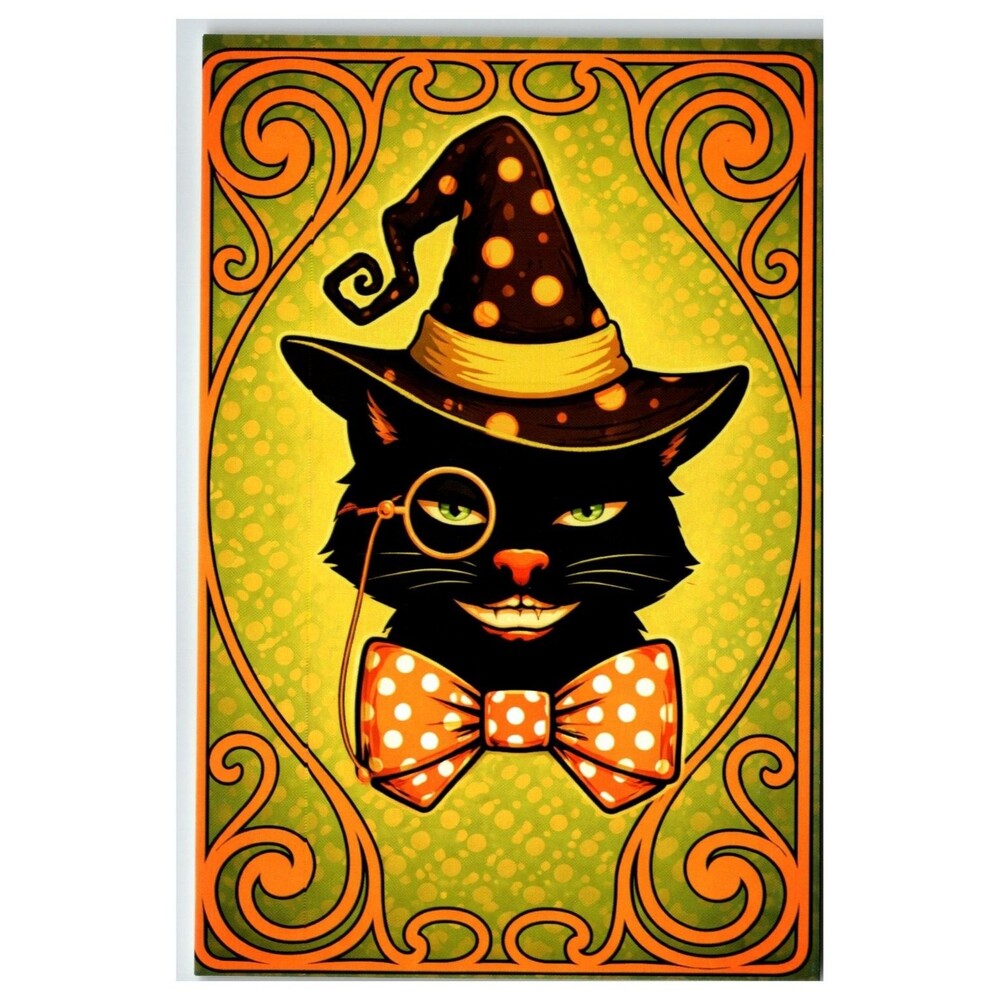 Dapper Black Cat Witch Hat Monocle Bow Tie Art Nouveau Halloween Postcard